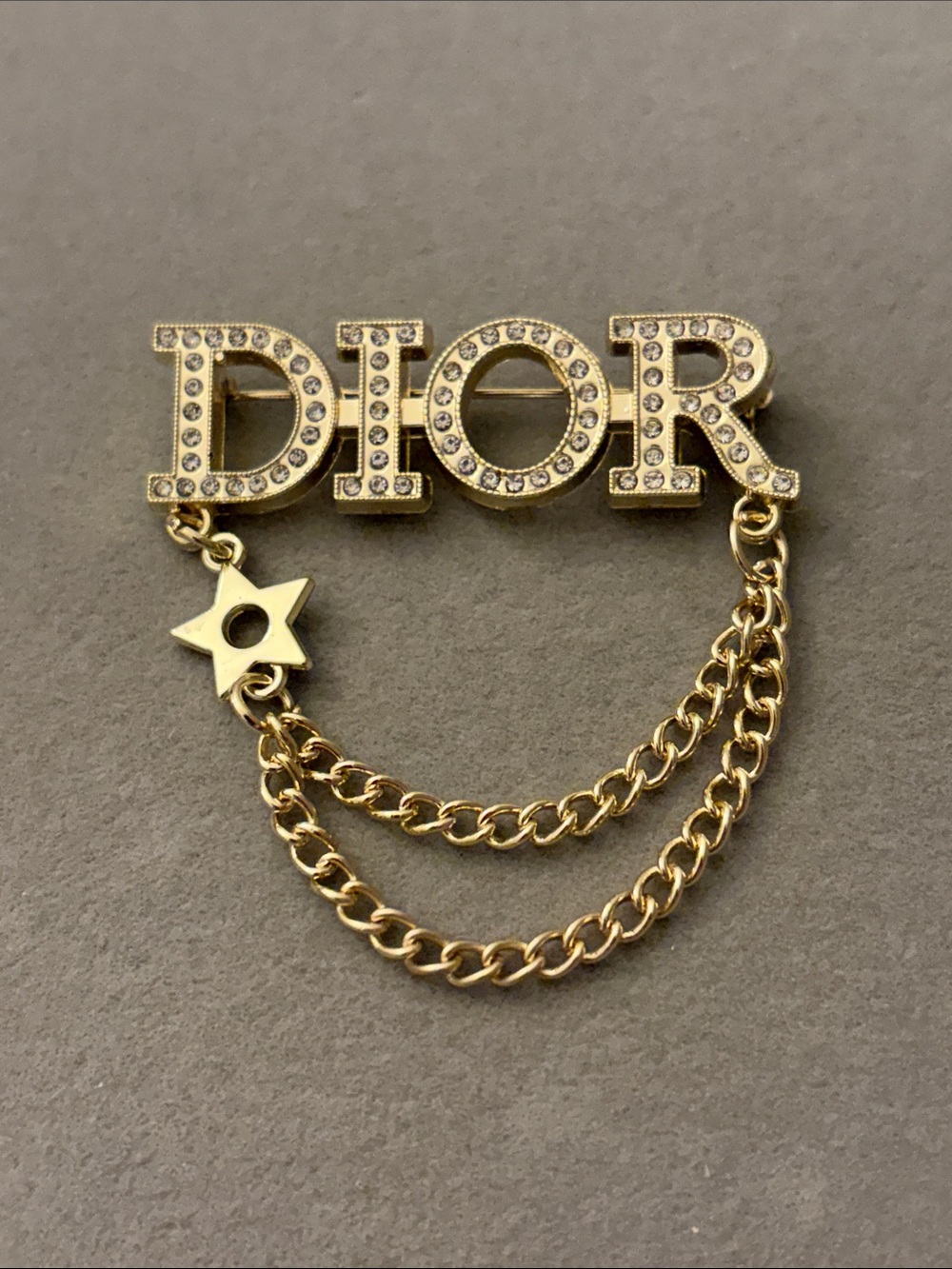 Gold Logo Crystal Star Chain Brooch